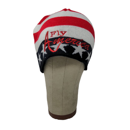 Patriotic Fly America Beanie Hat Red White Blue Stars Embroidered Spell Out