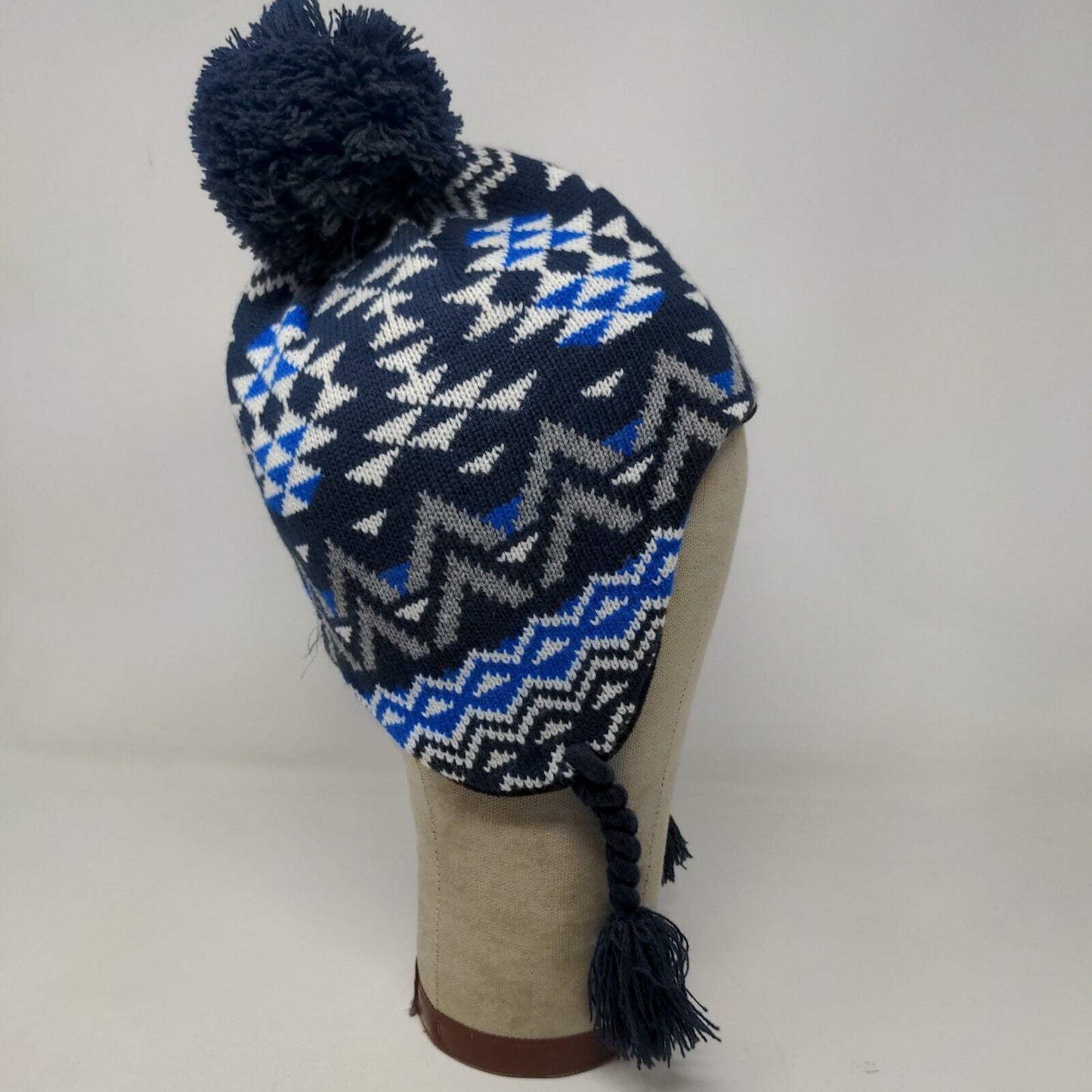 Royal Women's Trapper Beanie Hat Ear Flaps Pom Poms Blue Arrows Warm W/Mittens