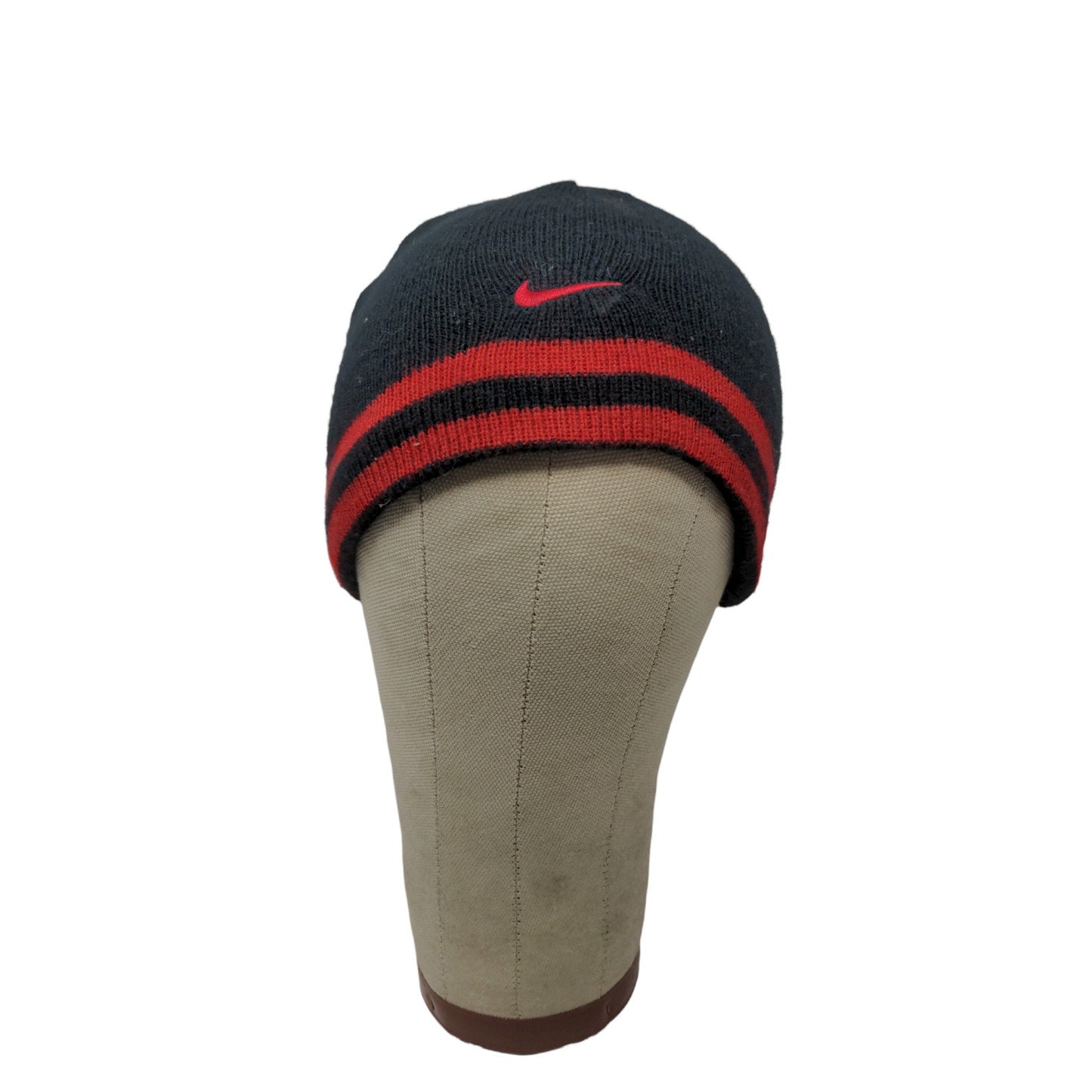 Nike Reversible Knit Beanie Hat Black Red Striped Embroidered Swoosh Logo