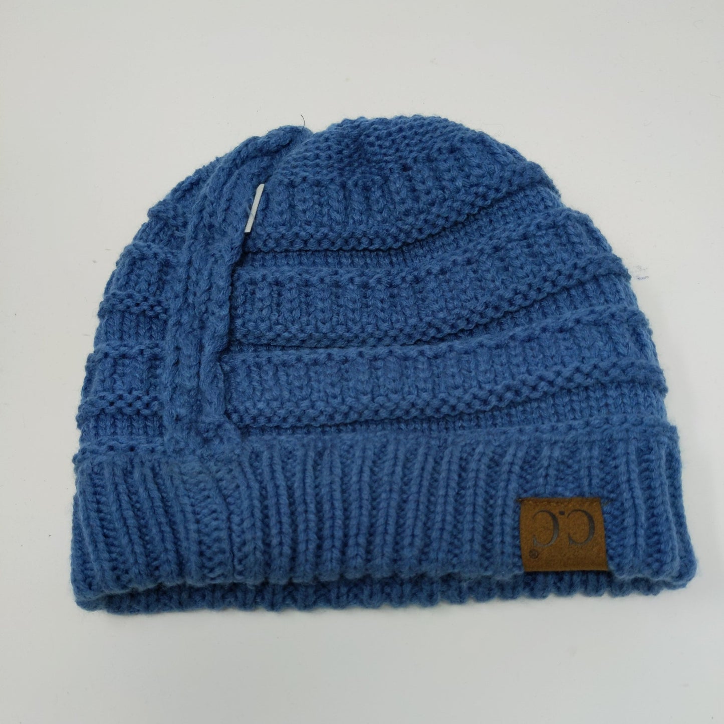 C.C. Exclusives Cable Knit Beanie Hat Blue Patch Logo 100% Acrylic