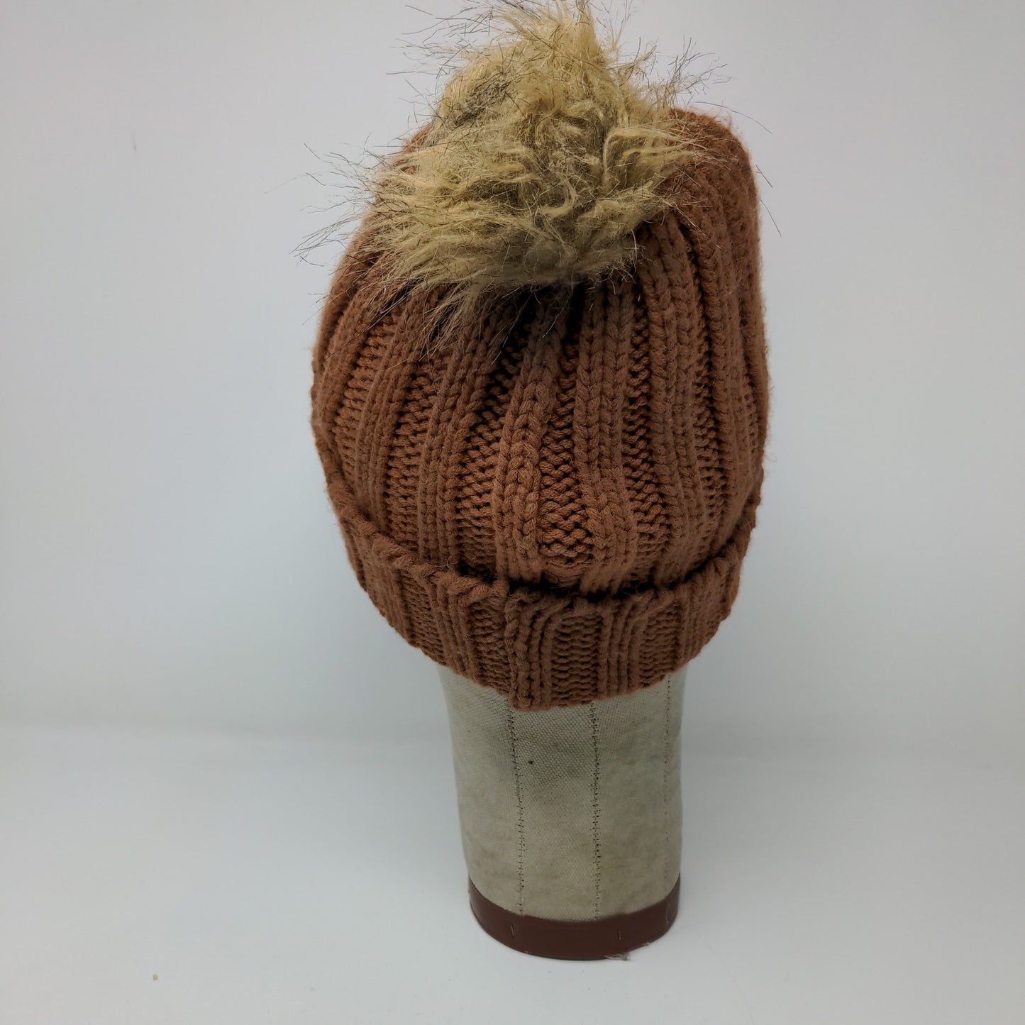 Tahari Knit Beanie Hat Pom Pom Patch Logo Brown Warm One Size