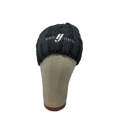 Hit Wear Herff Jones Cable Knit Beanie Hat Faux Fur Pom Pom Black
