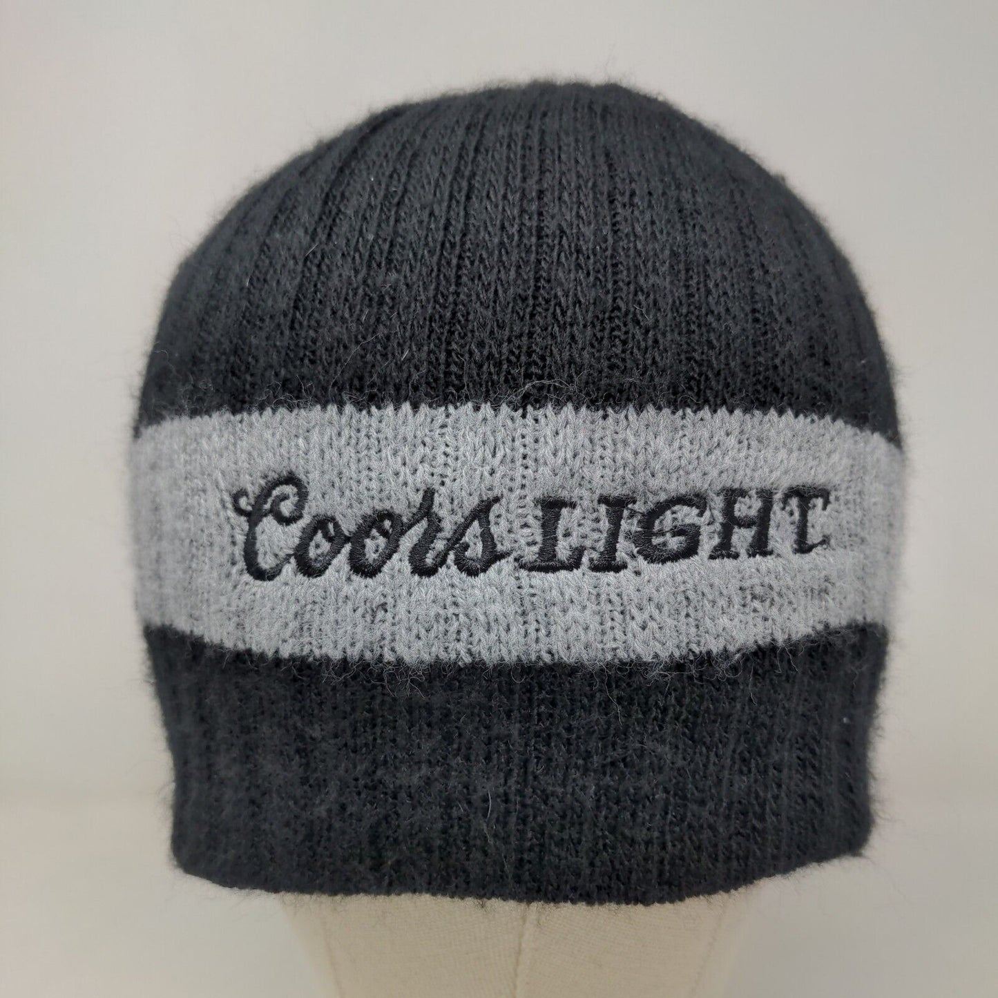 Coors Light Men's Knit Beanie Ski Cap Hat Black Gray Striped Embroidered Logo
