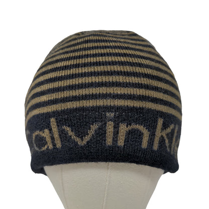 Calvin Klein Men's Beanie Hat Black 100% Acrylic Striped Spell Out