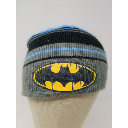 Youth Boys DC Comics Beanie Hat Striped Blue Black Gray Graphic Logo SEE DESC