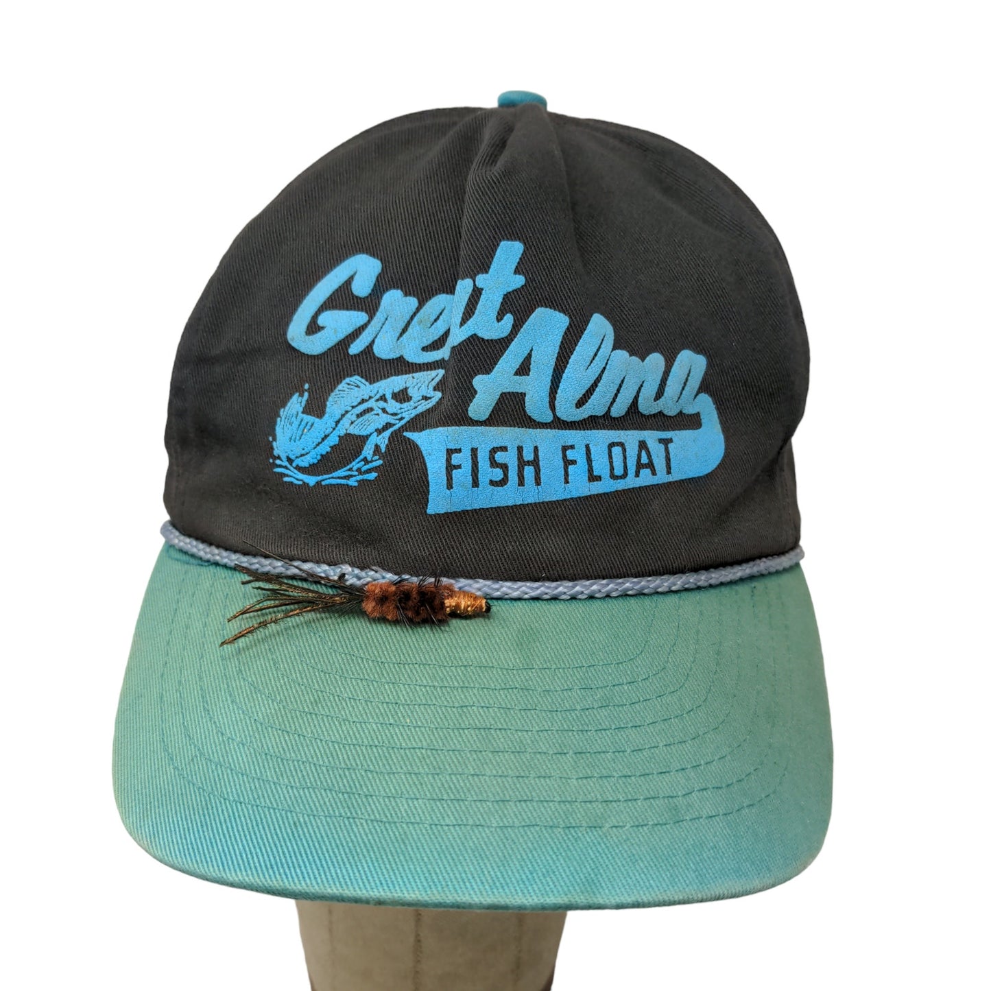 Great Alma Fish Float Snapback Hat Blue OSFA Graphic Spell Out Logo Distressed
