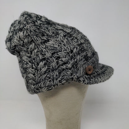 Beanie Hat W/ Bill Lined Soft Warm Black Gray Button Accents