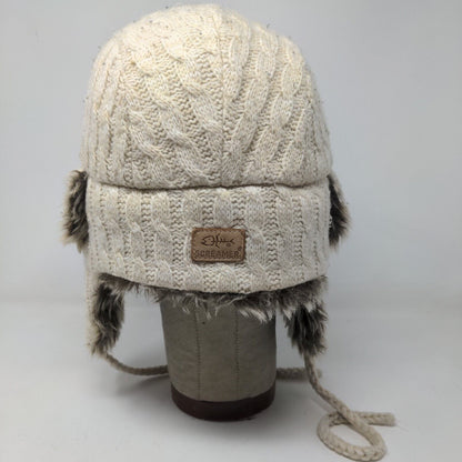 Screamer Women's Knit Trapper Hat Cream Vegan Fur Trim Ear Flaps