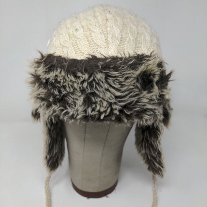 Screamer Women's Knit Trapper Hat Cream Vegan Fur Trim Ear Flaps