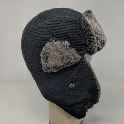 KBEthos Men's Trapper Hat Black One Size Vegan Fur Trim Ear Flaps