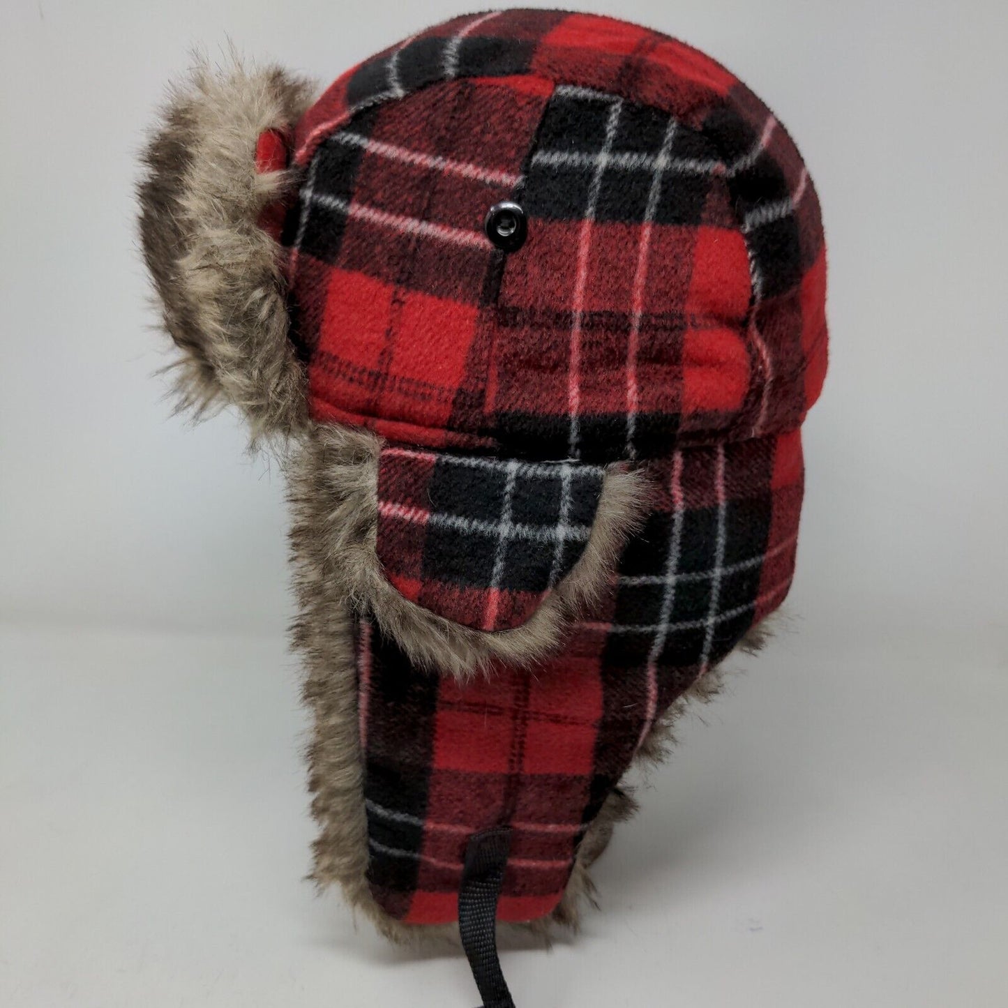 Unbranded Men's Trapper Hat Red Plaid Quilted Lined Vegan Fur Ear Flaps
