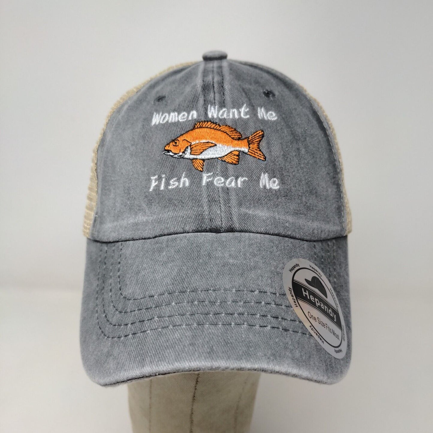 Unbranded Men's Women Want Me Fish Fear Me Slideback Mesh Back Hat Gray Tan