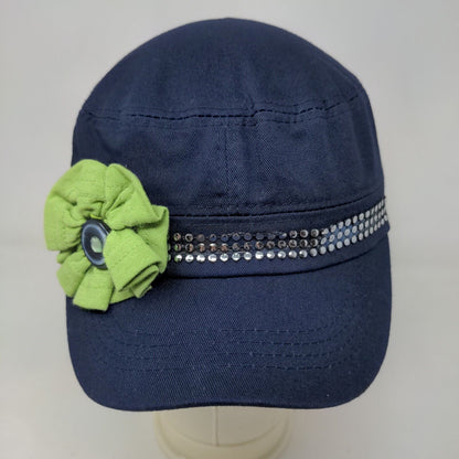 Unbranded Women's Cadet Cap Blue Flower Accent Rhinestones Shiny 100% Cotton