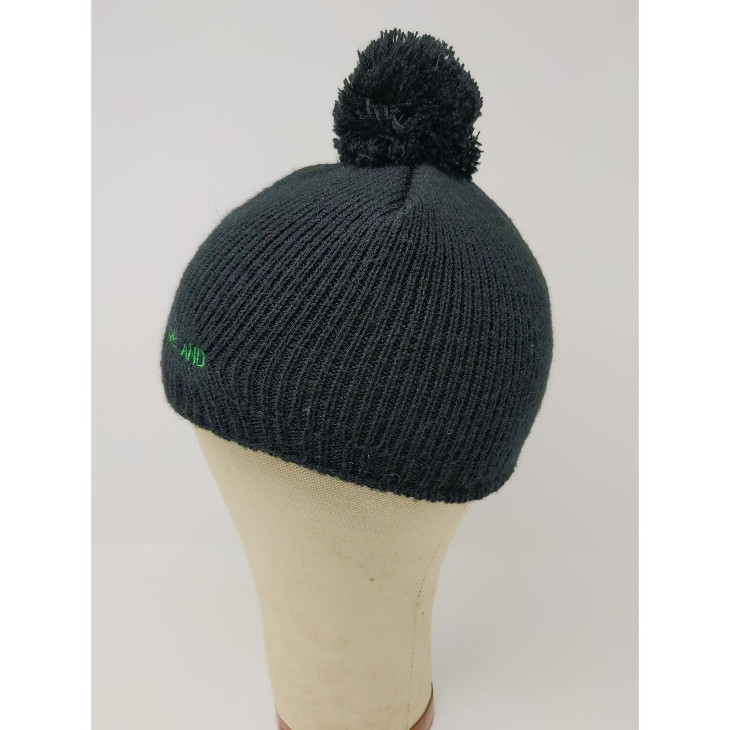 Made With Love Ireland Beanie Hat Green Shiny Pom Pom Black Knit Acrylic