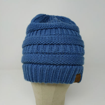C.C. Exclusives Cable Knit Beanie Hat Blue Patch Logo 100% Acrylic