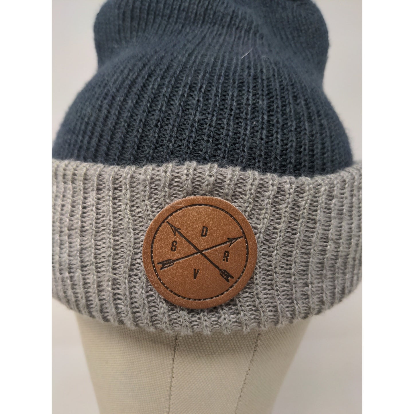 Beanie Hat Blue & Gray Patch Logo 100% Acrylic Made in Canada SDRV