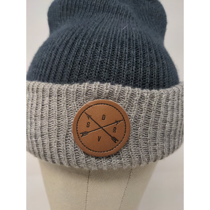 Beanie Hat Blue & Gray Patch Logo 100% Acrylic Made in Canada SDRV