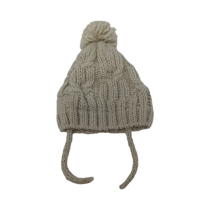 Youth Girls Zara Cable Knit Beanie Hat Pom Pom Cream Chin Ties