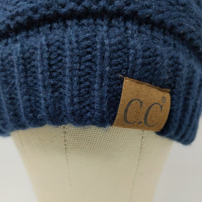 C.C. Women's Cable Knit Beanie Hat Blue Pom Pom Soft Warm 100% Acrylic