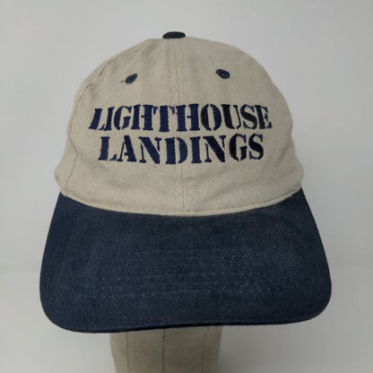 Lighthouse Landings Slideback Hat Beige Blue Adjustable Embroidered Logo