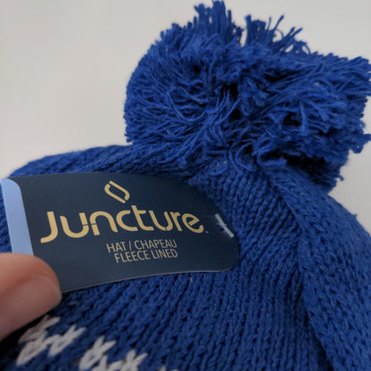 Juncture Women's Knit Beanie Hat Blue Fair Isle Fleece Lined Pom Pom W/Tags