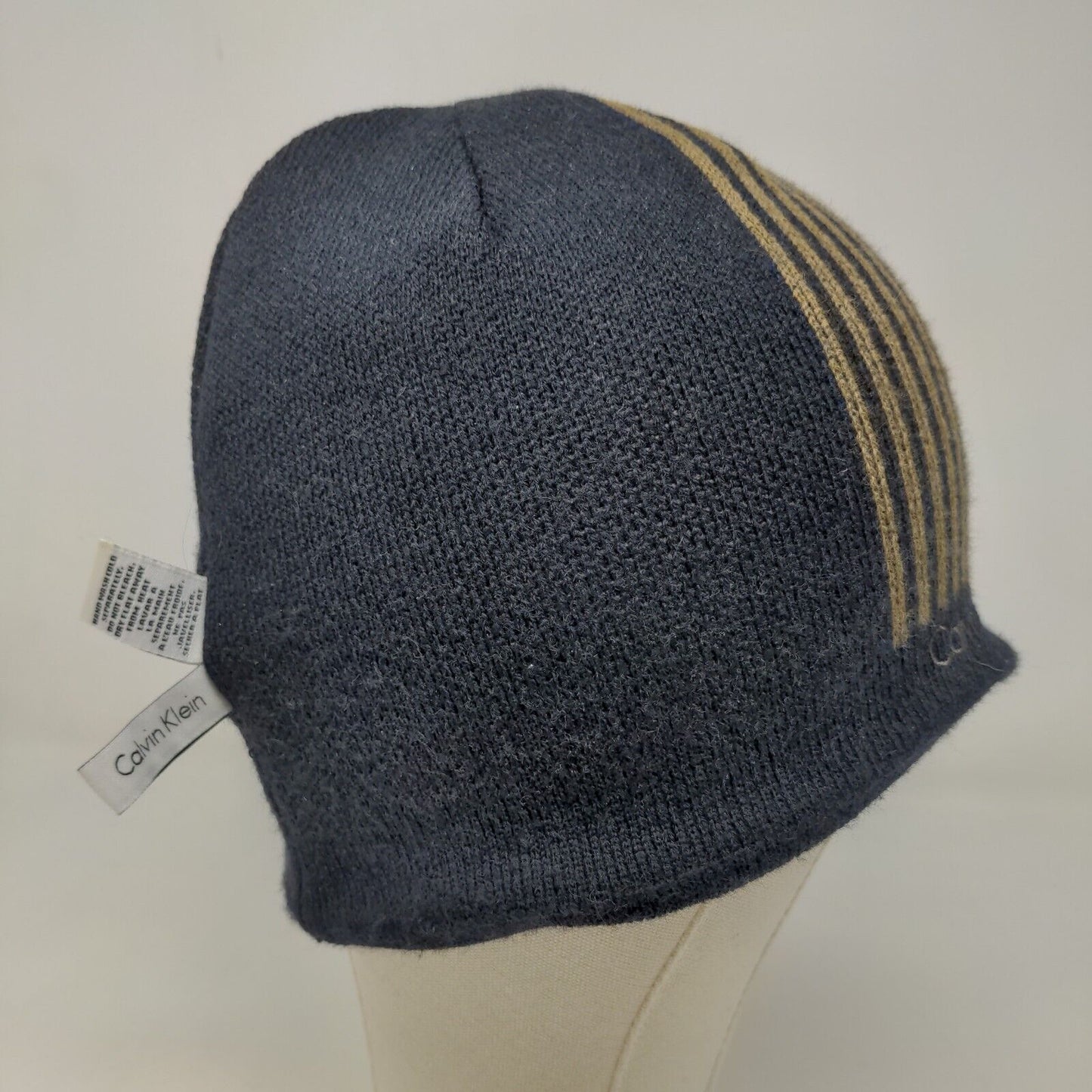 Calvin Klein Men's Beanie Hat Black 100% Acrylic Striped Spell Out