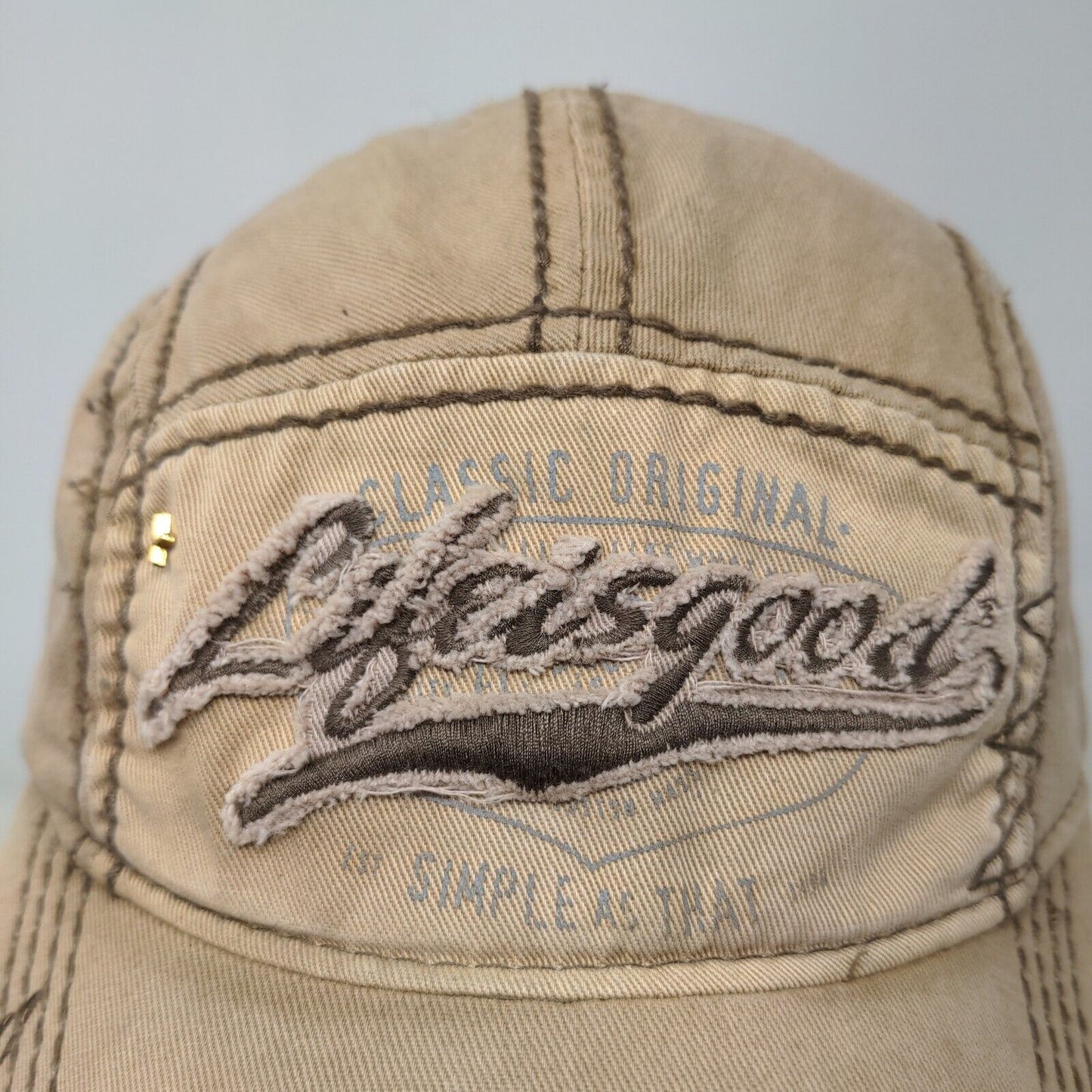 Life is Good Men's Slideback Hat Tan Adjustable Distressed Embroidered Logo