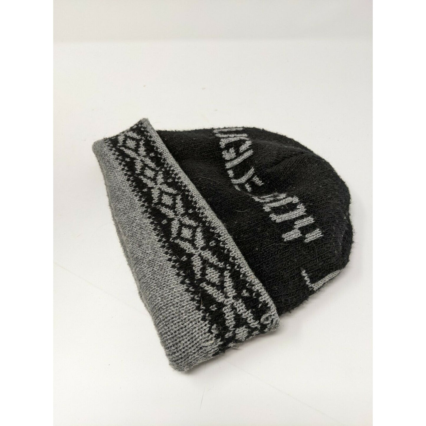 Bugle Boy Beanie Cap Hat Diamond Spell Out Black & Gray Fair Isle Pattern