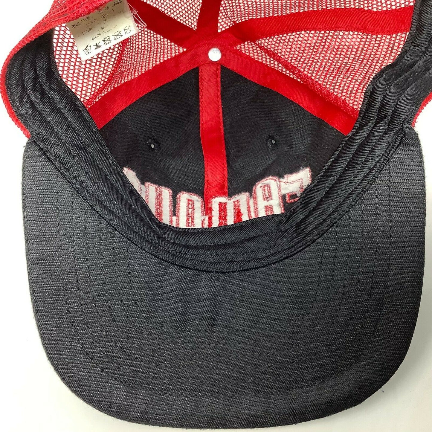Famous Mesh Back Snapback Hat Cap Red Black Embroidered Spell Out
