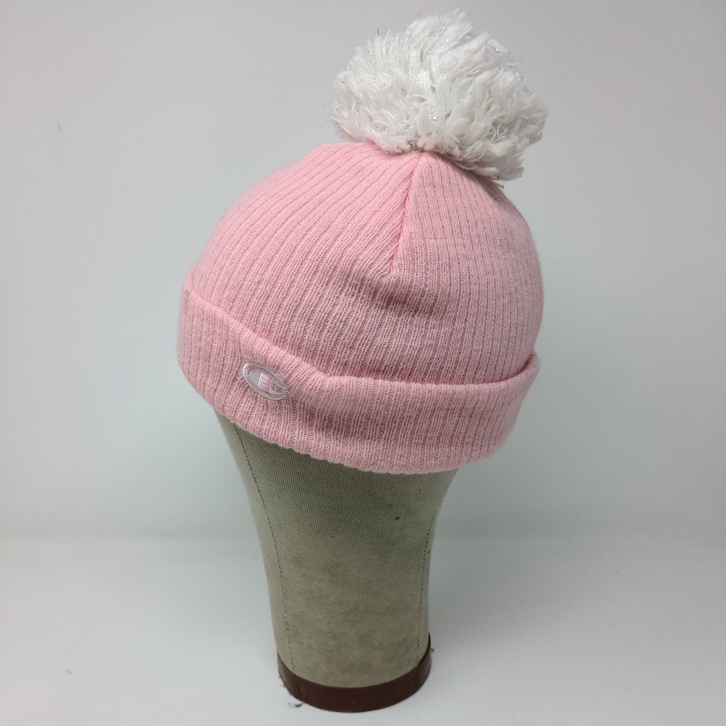 Champion Knit Beanie Hat Pom Pom OSFA Pink Embroidered Logo Acrylic