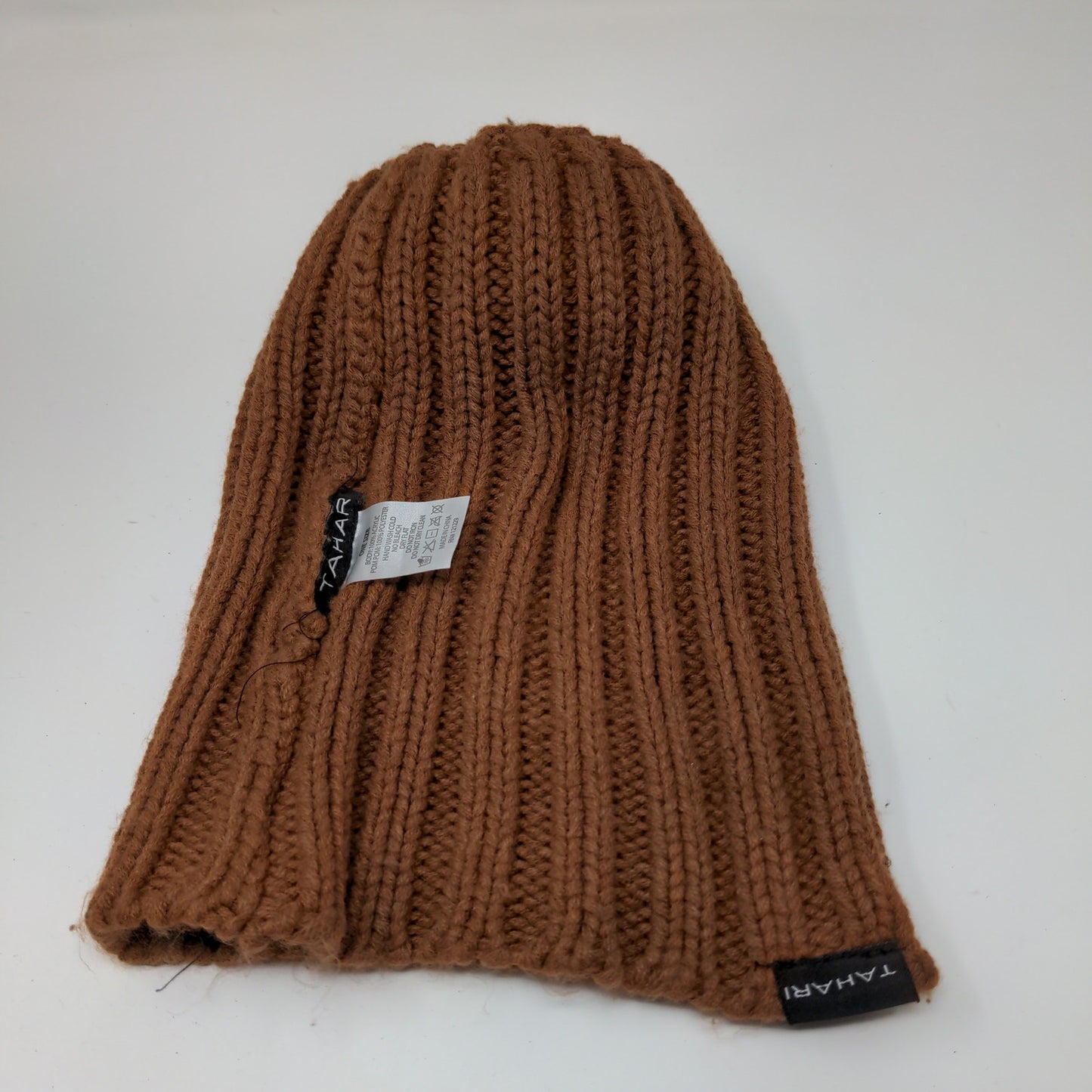 Tahari Knit Beanie Hat Pom Pom Patch Logo Brown Warm One Size