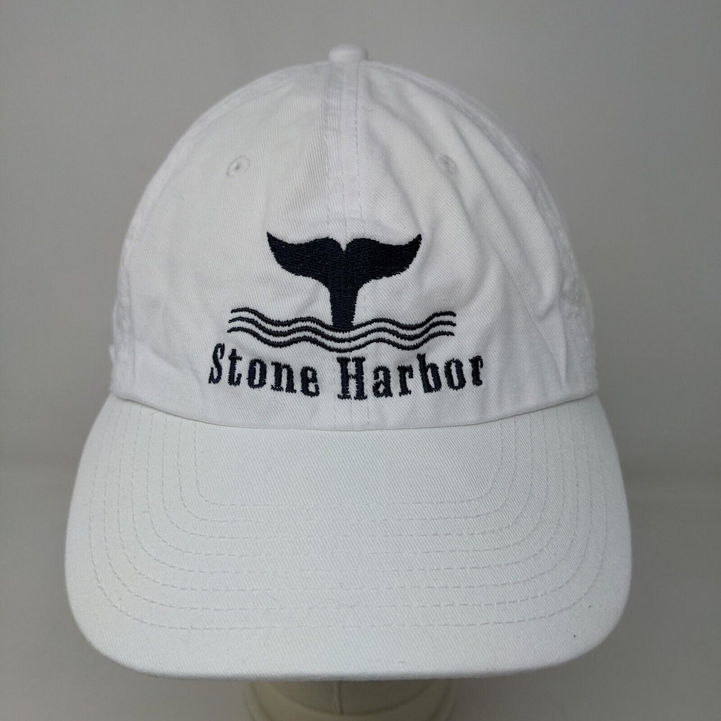 KNP Men's Slideback Hat White Adjustable Embroidered Stone Harbor Whale Logo