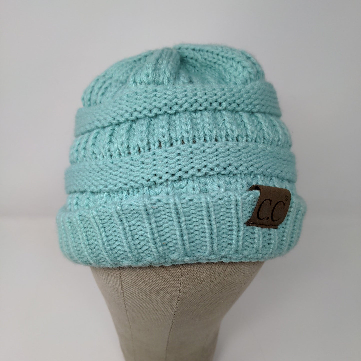 C.C. Exclusives Women's Cable Knit Beanie Hat Patch Logo Blue Warm