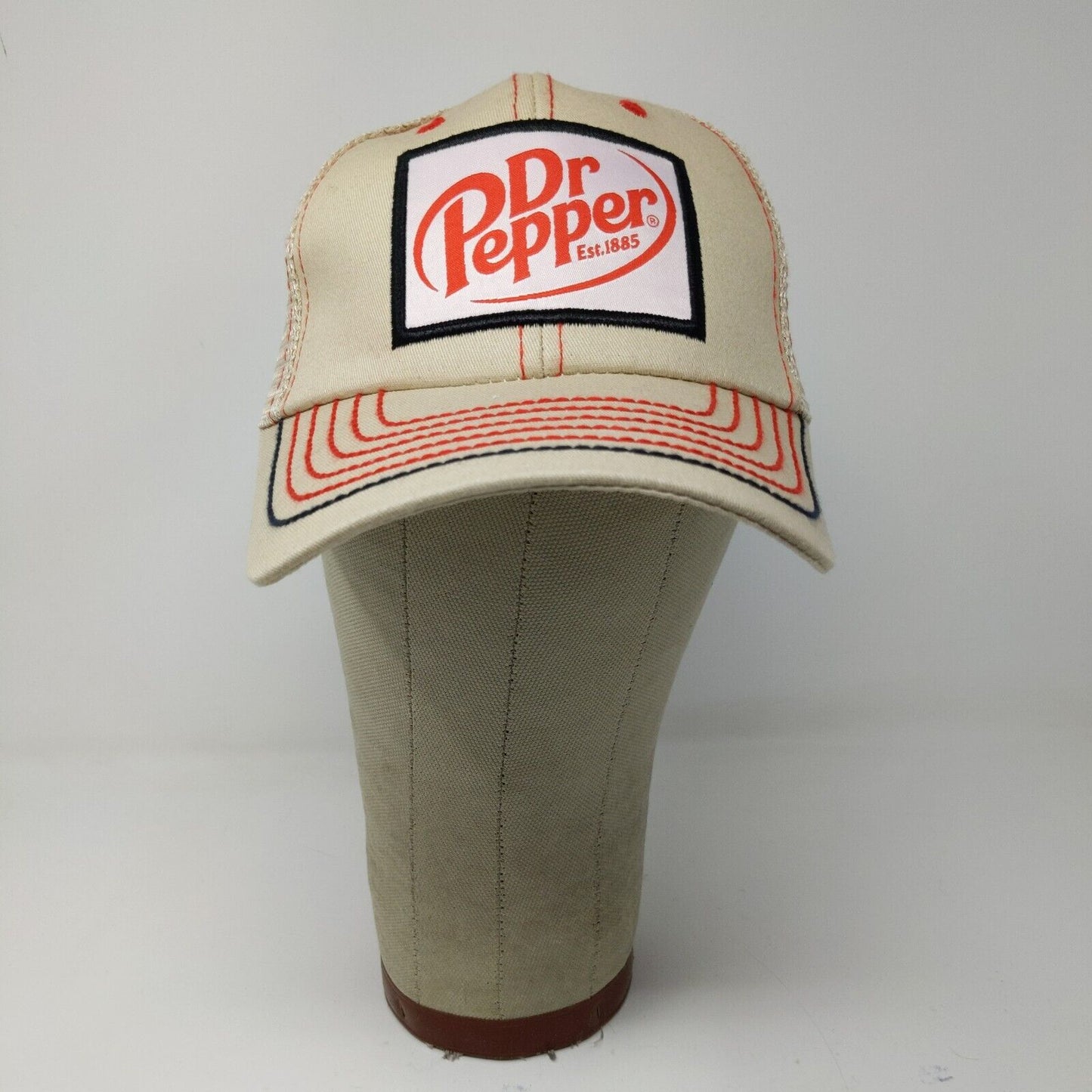 Dr. Pepper Double Snapback Mesh Back Trucker Hat Tan Orange Embroidered Logo