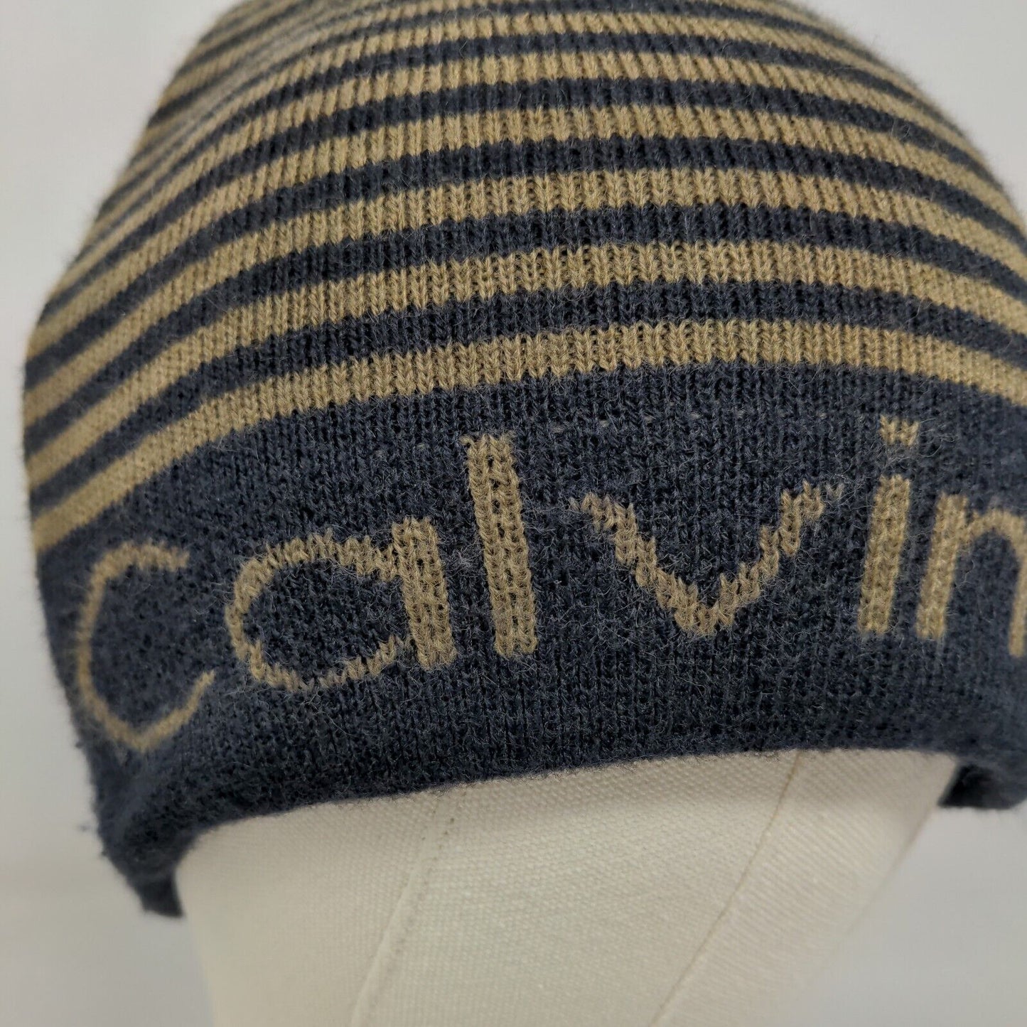Calvin Klein Men's Beanie Hat Black 100% Acrylic Striped Spell Out