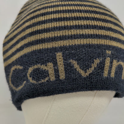 Calvin Klein Men's Beanie Hat Black 100% Acrylic Striped Spell Out