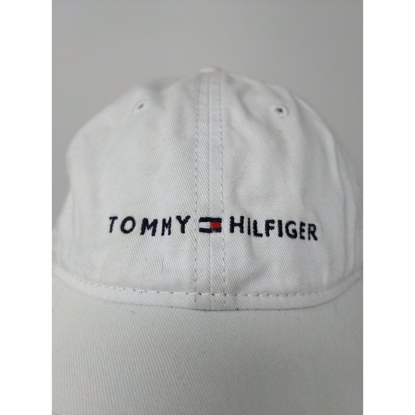 Tommy Hilfiger Slideback Hat White & Blue Embroidered Spell Out Logo One Size