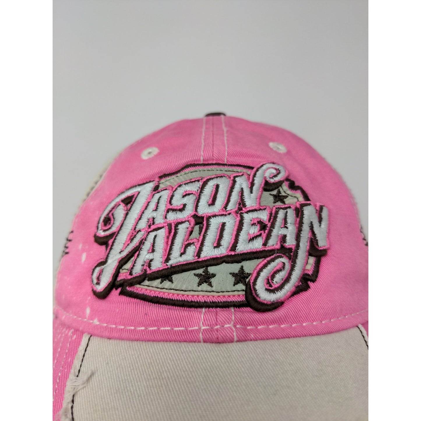 Womens Jason Aldean Strapback Hat Pink & Tan Distressed Embroidered Country OSFA