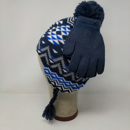 Royal Women's Trapper Beanie Hat Ear Flaps Pom Poms Blue Arrows Warm W/Mittens