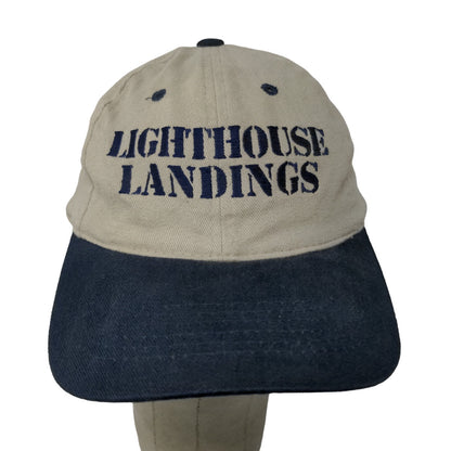 Lighthouse Landings Slideback Hat Beige Blue Adjustable Embroidered Logo