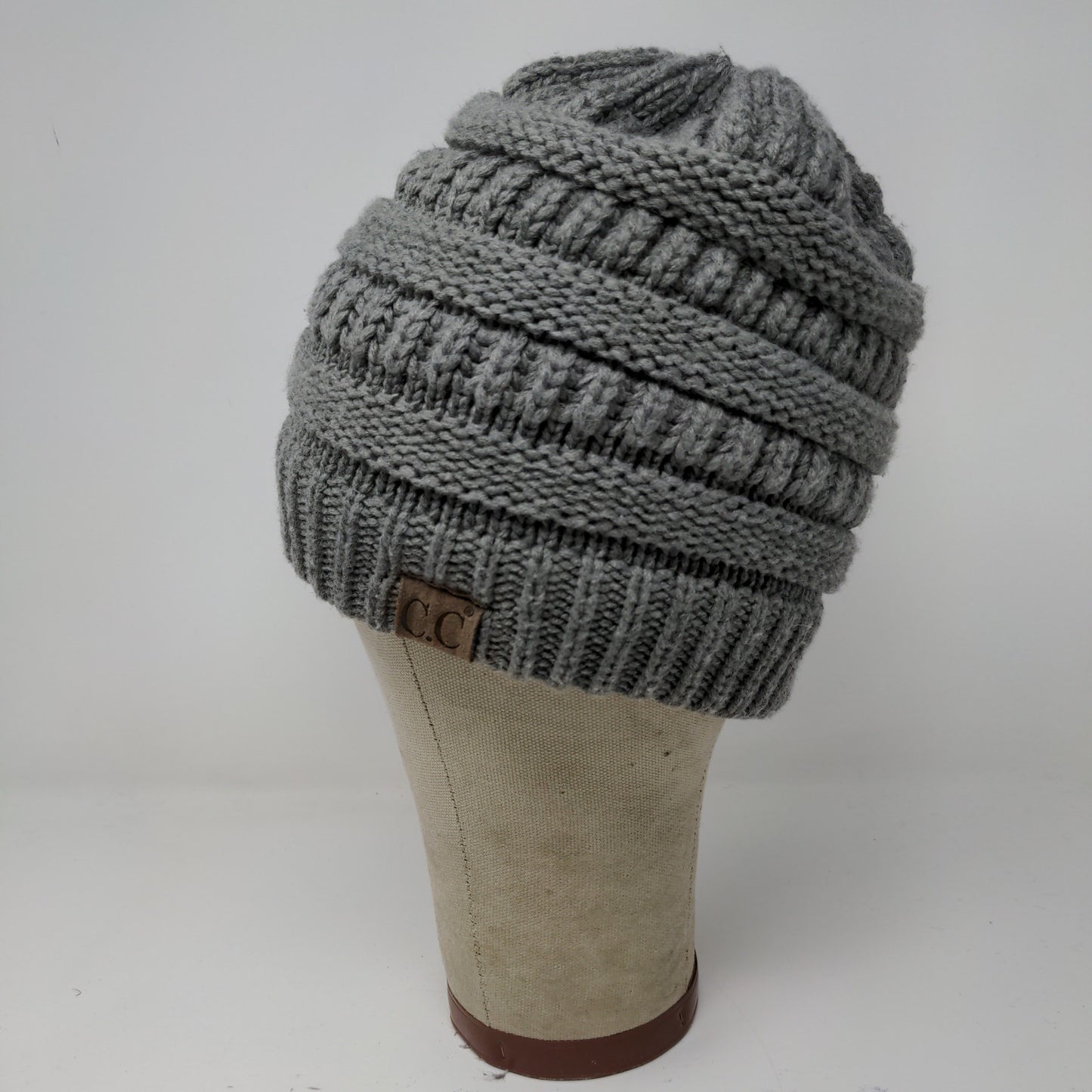 C.C. Exclusives Cable Knit Beanie Hat Gray Patch Logo 100% Acrylic
