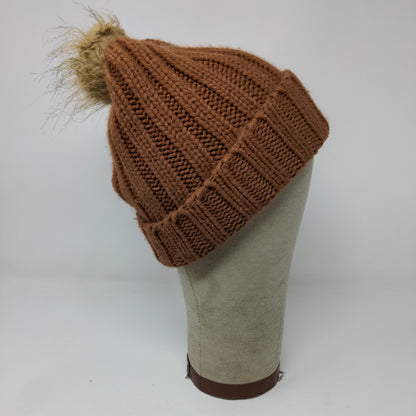 Tahari Knit Beanie Hat Pom Pom Patch Logo Brown Warm One Size