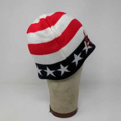 Patriotic Fly America Beanie Hat Red White Blue Stars Embroidered Spell Out