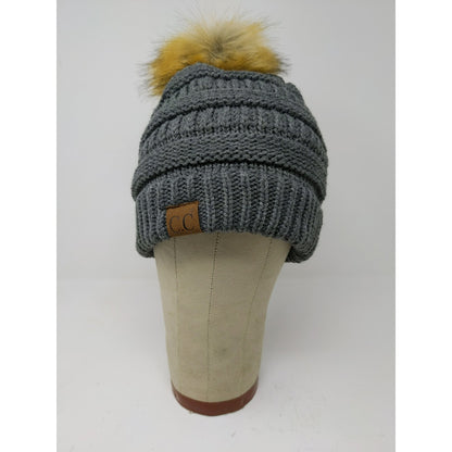 C.C. Exclusives Knit Beanie Hat Fur Pom Pom Gray 100% Acrylic
