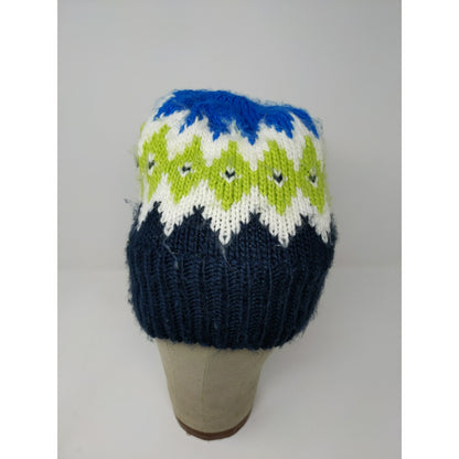 Land's End 100% Acrylic Beanie Hat Blue Size M-L Striped Diamond Pattern