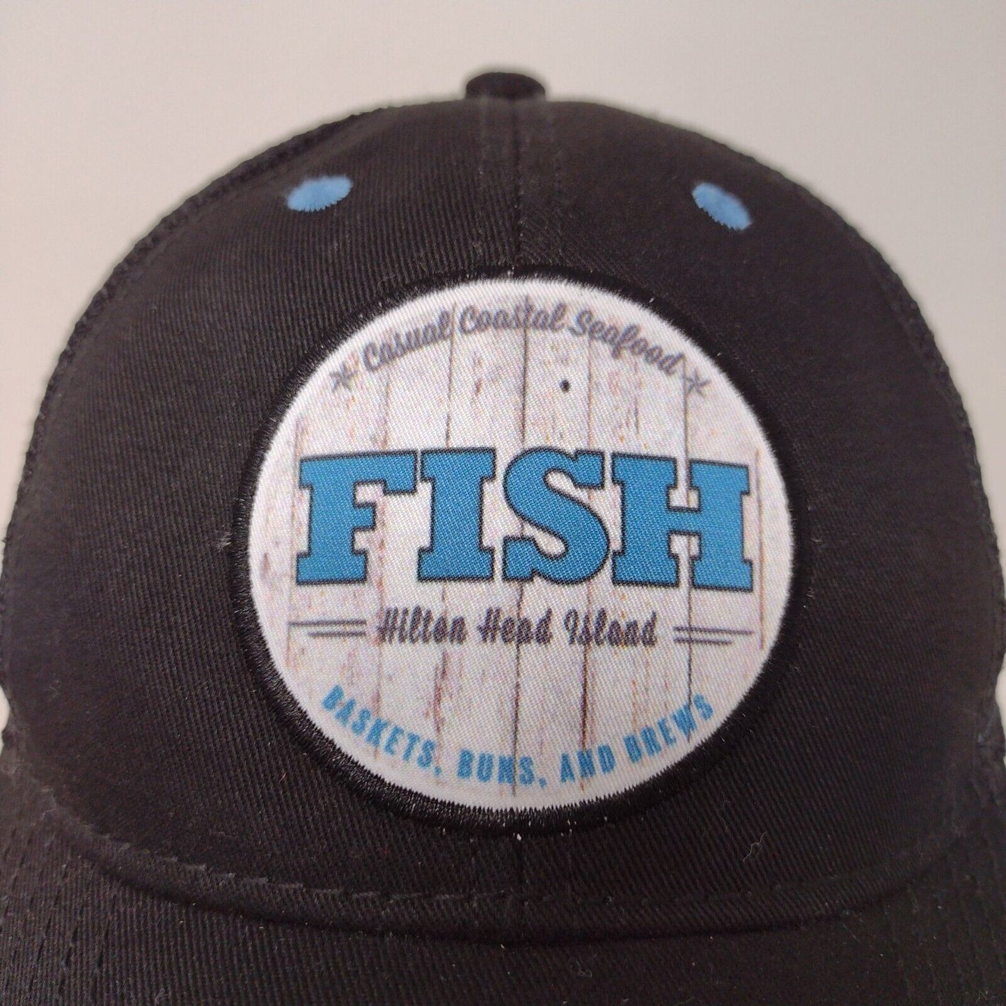 Hilton Head Island Fish Coastal Seafood Black Snapback Mesh Back Hat Cap Logo