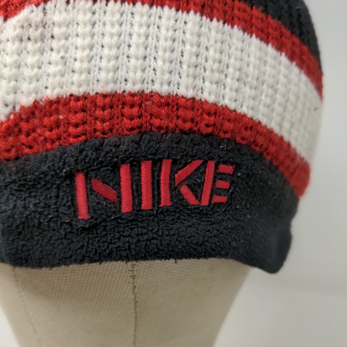 Nike Men's Fleece Knit Beanie Hat Black Striped Embroidered Logo