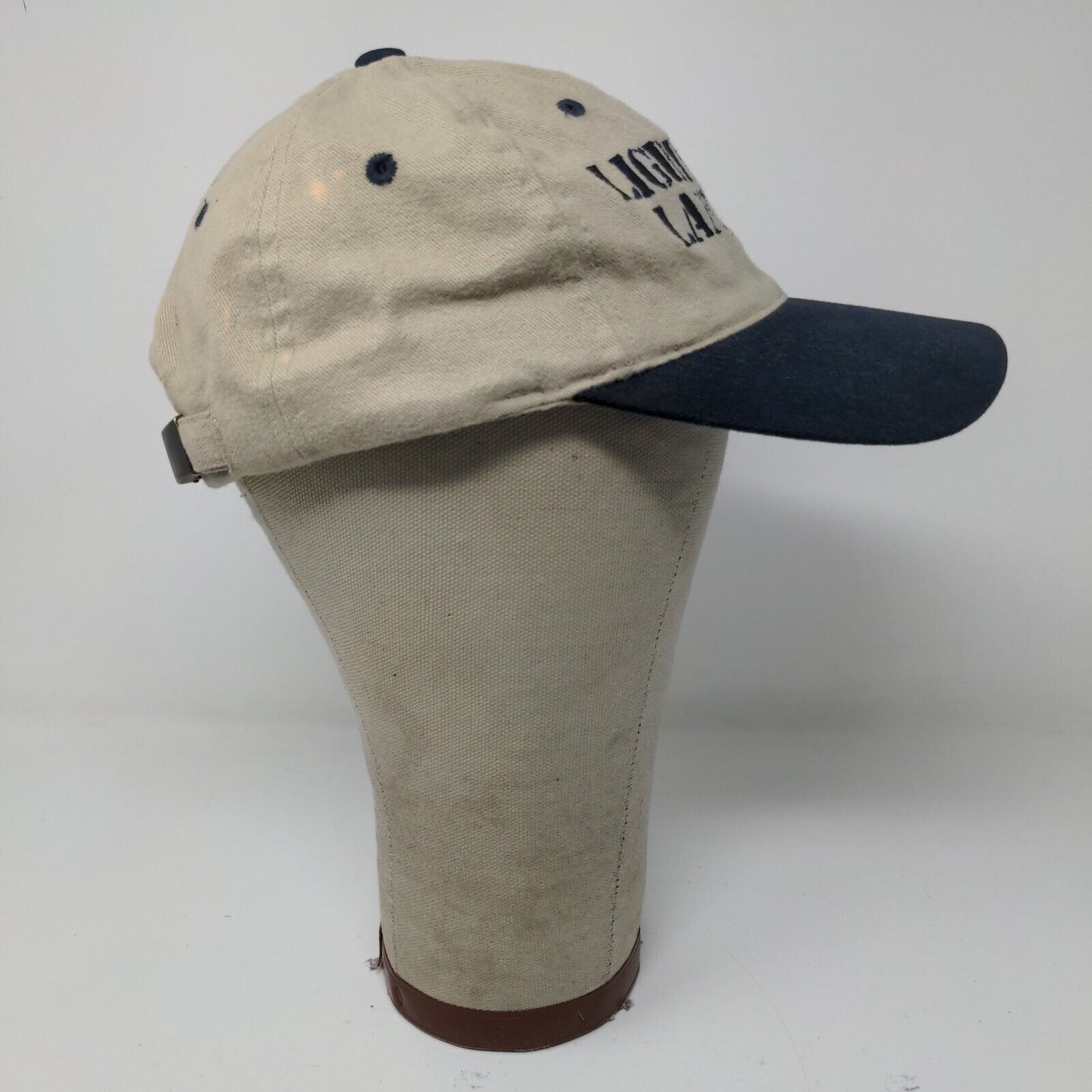 Lighthouse Landings Slideback Hat Beige Blue Adjustable Embroidered Logo