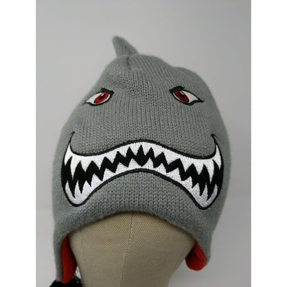 Youth Boys Shark Beanie Trapper Hat Embroidered Decorations Gray SEE DESC