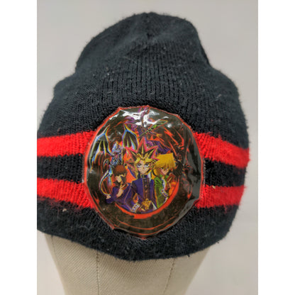 Vintage 1996 90's Youth Boys Yu-Gi-Oh! Beanie Hat OSFA Black & Red Patch Graphic